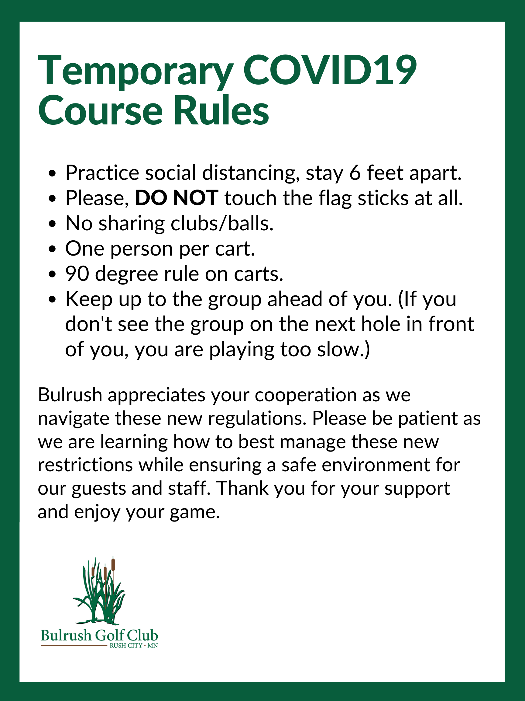 COVID19 Course Rules Bulrush Golf Club